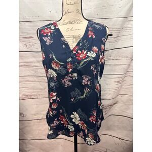 Maurices Navy Blue Floral Sleeveless V-Neck Button Front Blouse Medium